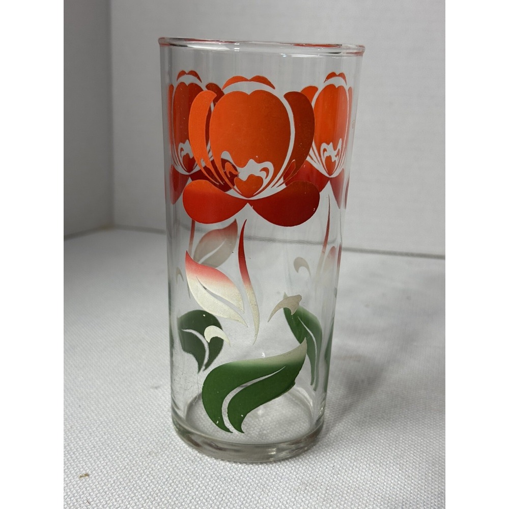 MCM Clear‎ Red Orange Tulip Green Leaf Juice Glass